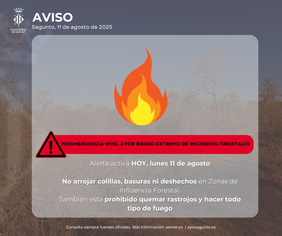 El 112 Comunitat Valenciana eleva a nivell 3 la preemergència per risc d'incendis