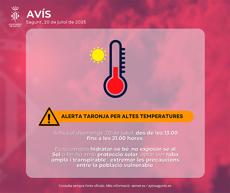 L'AEMET eleva l'alerta per altes temperatures a nivell taronja per al diumenge 20 de juliol a Sagunt