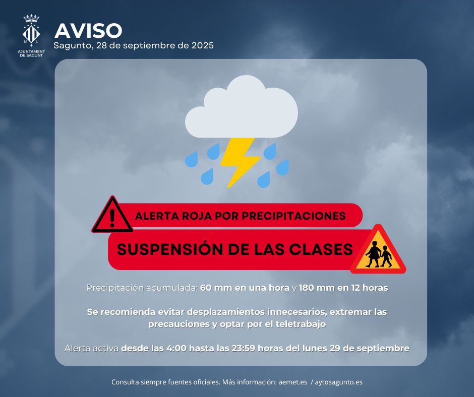 El Camp de Morvedre suspén les classes als centres educatius el dilluns 29 de setembre