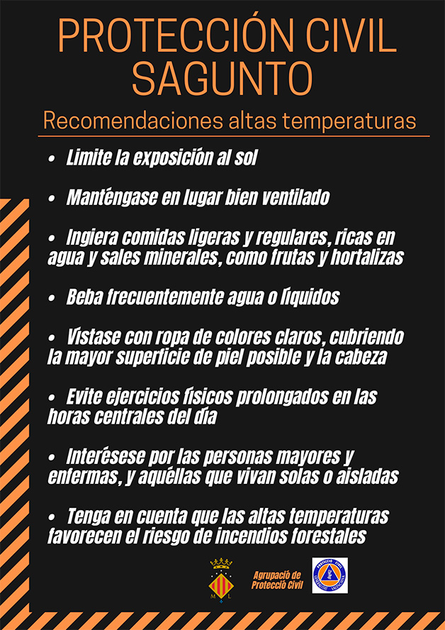 La delegació de Protecció Civil de l'Ajuntament de Sagunt oferix recomanacions davant l'onada de calor