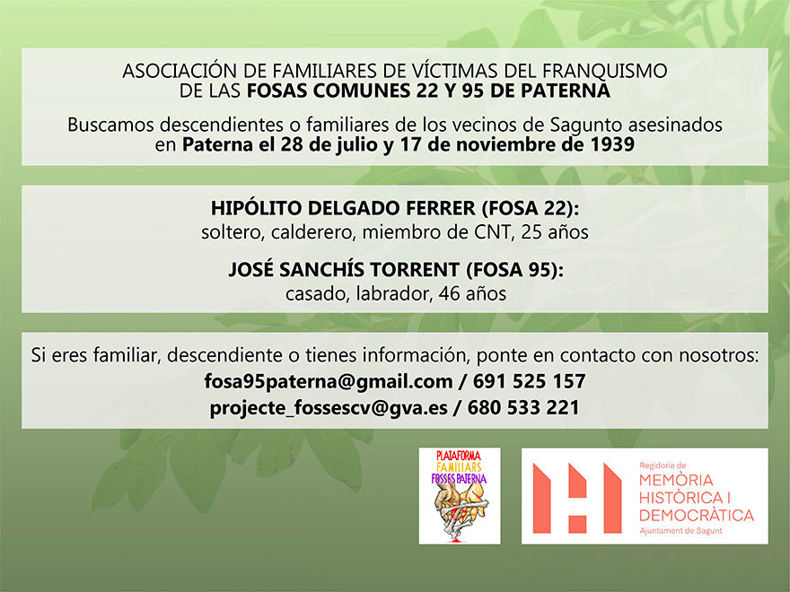 L'Ajuntament de Sagunt fa una crida per a localitzar a familiars de dos veïns de Sagunt afusellats a Paterna en 1939