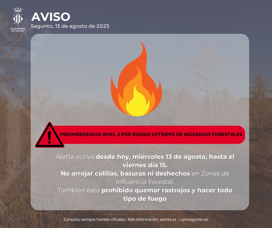 El 112 Comunitat Valenciana eleva a nivell 3 la preemergència per risc d'incendis