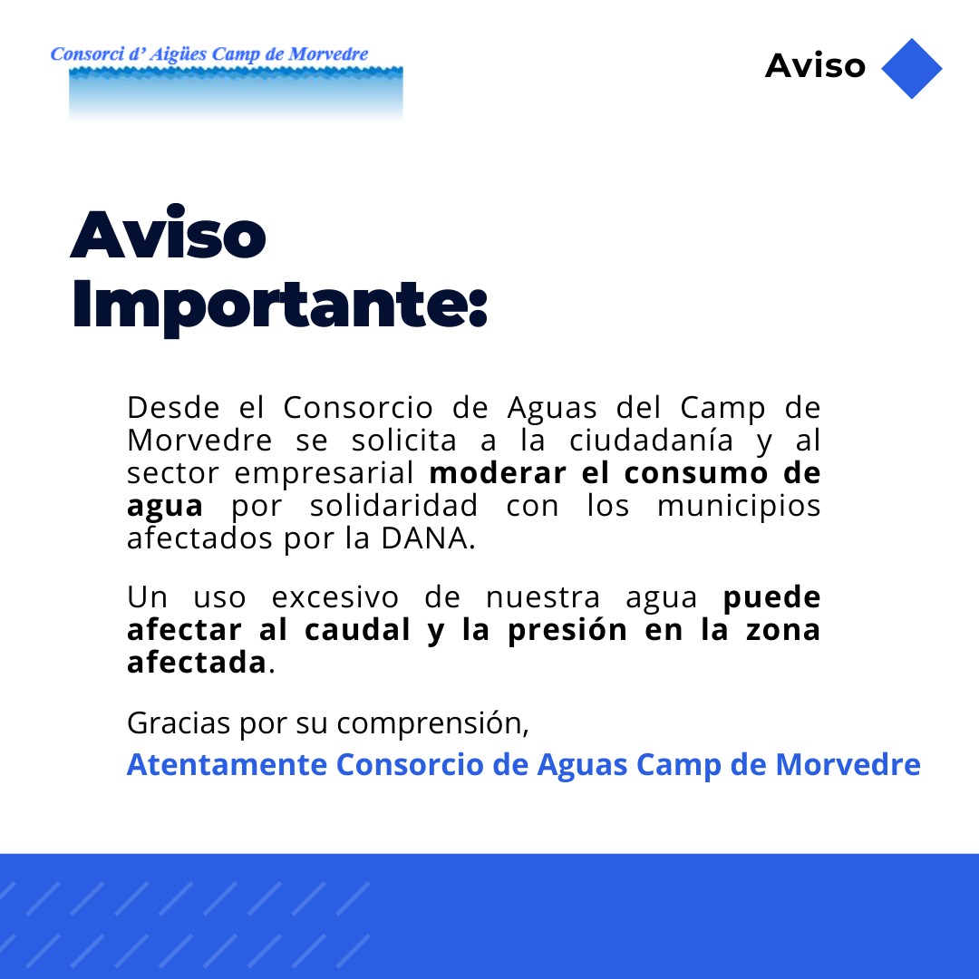 El Consorci d'Aigües del Camp de Morvedre sol·licita reduir el consum d'aigua per a garantir el subministrament als municipis afectats per la DANA