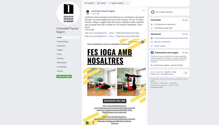 La Universitat Popular de Sagunt presenta la Setmana de la Salut amb contingut online