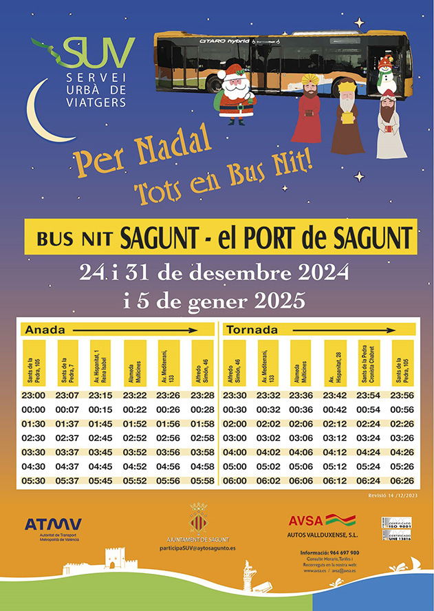 L'Ajuntament de Sagunt amplia el servici d'autobús nocturn durant les festes de Nadal