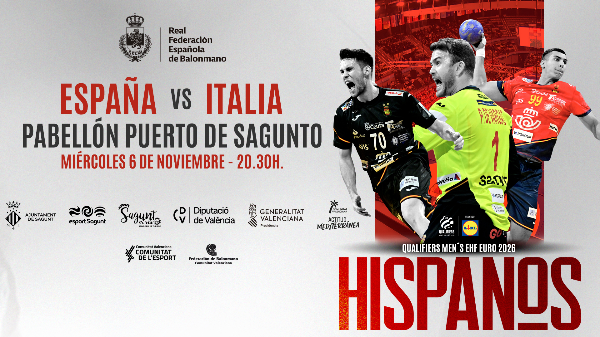 El partit classificatori d'handbol entre Espanya i Itàlia per al Campionat d'Europa 2026 es disputa a Sagunt el 6 de novembre