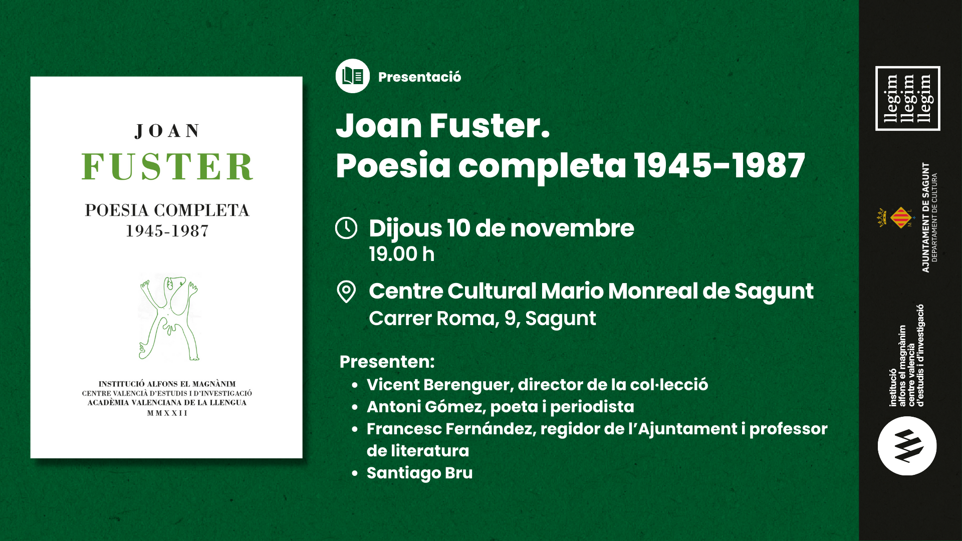 El Centre Cultural Mario Monreal albergarà la presentació del lliure 'Joan Fuster. Poesia completa 1945-1987'